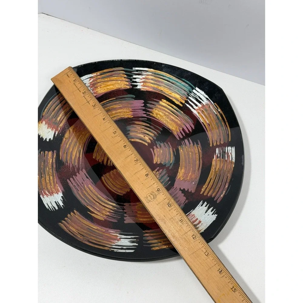 Signed Studio Art Glass Hand Painted Abstract Swirl Plate Black Gold‎ 11.5 Inch